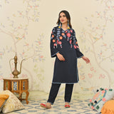 Navy Blue Woollen Aari Embroidered Kurta Pant Set with Lace detail