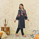 Navy Blue Woollen Aari Embroidered Kurta Pant Set with Lace detail