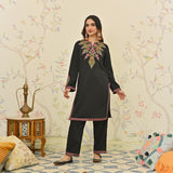 Black Woollen Aari Embroidered Floral Kurta Pant Set