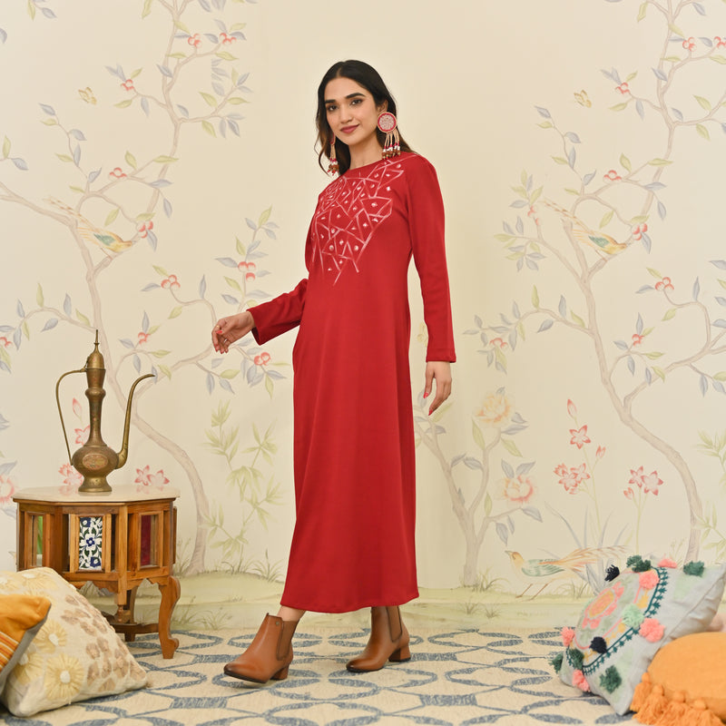 Maroon Aari Embroidered Geometric A-line Woollen Dress