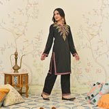 Black Woollen Aari Embroidered Floral Kurta Pant Set