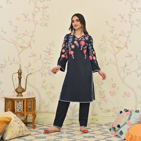 Navy Blue Woollen Aari Embroidered Kurta Pant Set with Lace detail