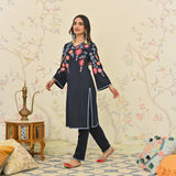 Navy Blue Woollen Aari Embroidered Kurta Pant Set with Lace detail