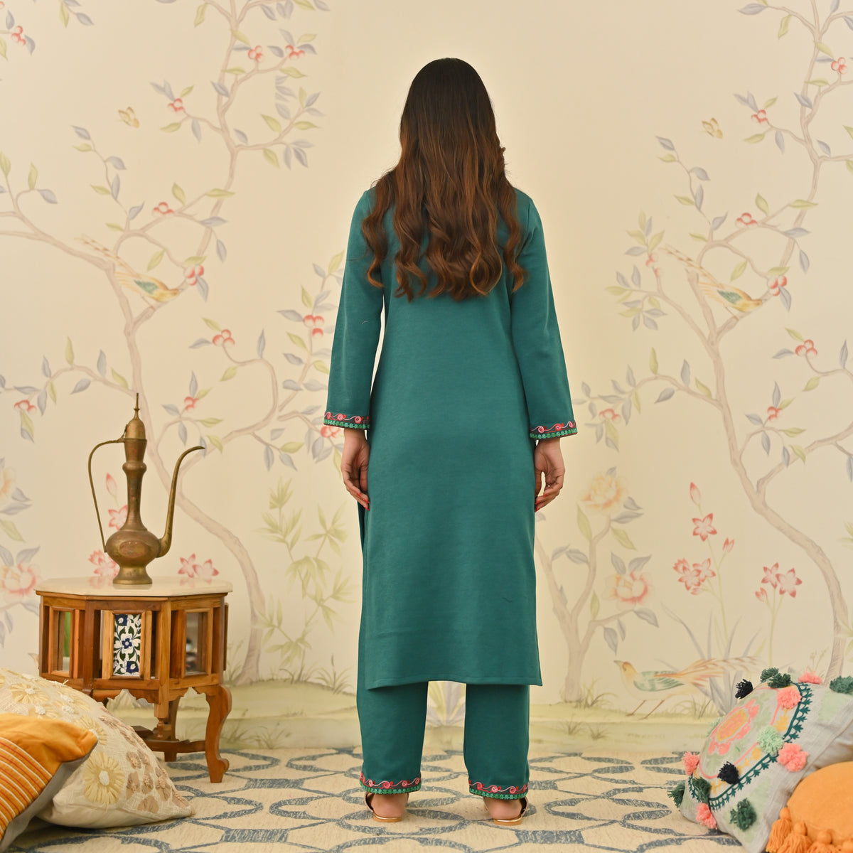 Teal Woollen Aari Embroidered Floral Kurta with Band Collar