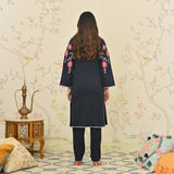 Navy Blue Woollen Aari Embroidered Kurta Pant Set with Lace detail