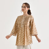Brown Sanganeri Cotton Printed Tunic with Pintuck & Lace Details