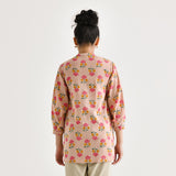Baby Pink Floral Printed Cotton Tunic with Pintuck & Button Details