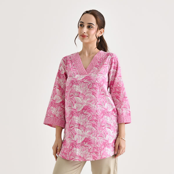 Baby Pink Abstract Printed Sanganeri Cotton Tunic with Pintuck Neckline Detail