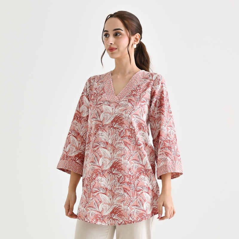 Dusty Peach Abstract Printed Sanganeri Cotton Tunic with Pintuck Neckline Detail
