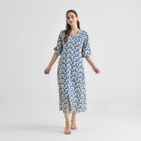 Indigo Contemporary Akola Dabu Inspired Cotton Dress with V Neckline & Lace Detail