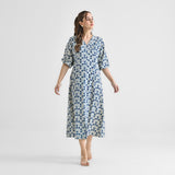 Indigo Contemporary Akola Dabu Inspired Cotton Dress with V Neckline & Lace Detail