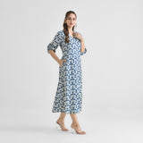 Indigo Contemporary Akola Dabu Inspired Cotton Dress with V Neckline & Lace Detail