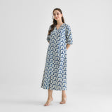 Indigo Contemporary Akola Dabu Inspired Cotton Dress with V Neckline & Lace Detail