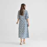 Indigo Contemporary Akola Dabu Inspired Cotton Dress with V Neckline & Lace Detail