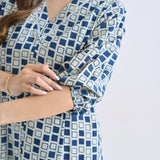 Indigo Contemporary Akola Dabu Inspired Cotton Dress with V Neckline & Lace Detail