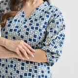 Indigo Contemporary Akola Dabu Inspired Cotton Dress with V Neckline & Lace Detail