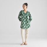 Moss Green Contemporary Dabu Inspired Cotton Tunic with V Neckline