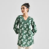 Moss Green Contemporary Dabu Inspired Cotton Tunic with V Neckline