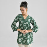 Moss Green Contemporary Dabu Inspired Cotton Tunic with V Neckline