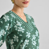 Moss Green Contemporary Dabu Inspired Cotton Tunic with V Neckline