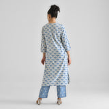 Light Blue Lotus Dabu Inspired Cotton Co-ord Set with Notch Neckline