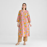 Dusty Pink Floral Sanganeri Inspired Cotton Kurta with Lace Detail