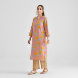 Dusty Pink Floral Sanganeri Inspired Cotton Kurta with Lace Detail