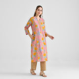 Dusty Pink Floral Sanganeri Inspired Cotton Kurta with Lace Detail