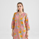 Dusty Pink Floral Sanganeri Inspired Cotton Kurta with Lace Detail