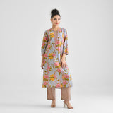 Powder Blue Floral Sanganeri Inspired Cotton Kurta with Lace Detail