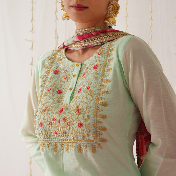 Sea Green Cotton Kurtis Set for Women with Chanderi Dupatta