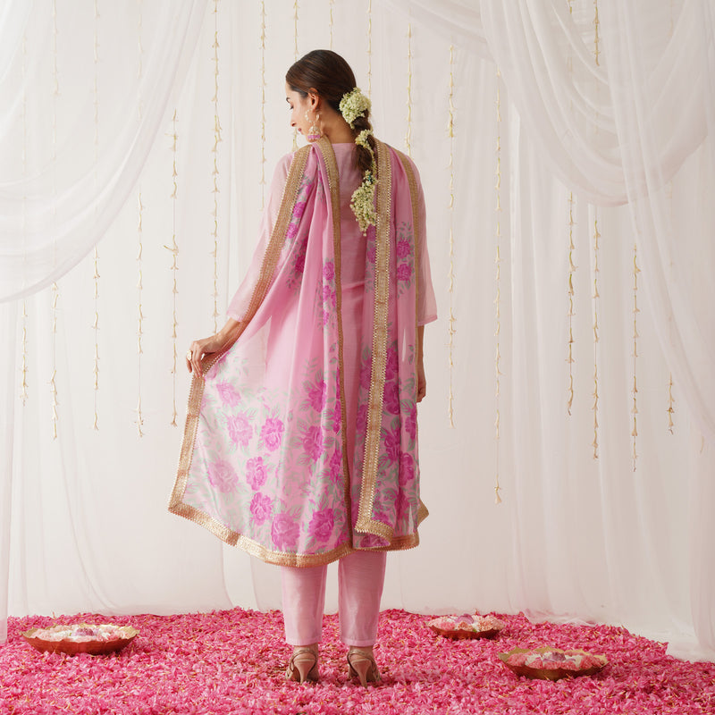 Light Pink Embroidered Chanderi Kurta Pant Dupatta Set with Gota Details