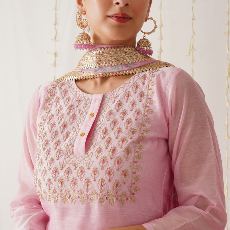 Light Pink Embroidered Chanderi Kurta Pant Dupatta Set with Gota Details