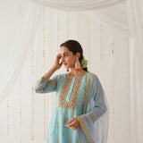 Sky Blue Chanderi Gold Printed Kurta Set with Dupatta