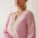 Pink Embroidered Chanderi Kurta Pant Dupatta Set with Gota Details