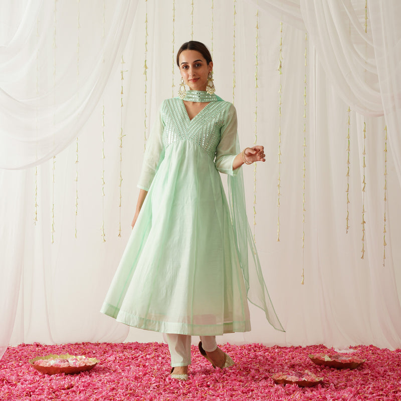Pastel Green Chanderi Kurta Pant Dupatta Set with Sequins Work