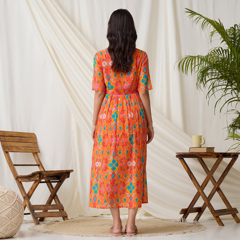 Orange Ikat Printed Maxi Dress with Waist Tie Up Detail