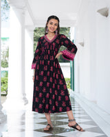 Black and Pink V Neck Gathered Dress