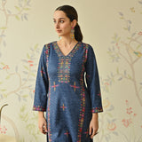 Navy Blue Embroidered & Phulkari Printed Woollen Kurta Pant Set
