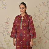 Maroon Embroidered & Ikat Printed Woollen Kurta Pant Set