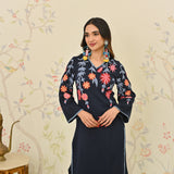 Navy Blue Woollen Aari Embroidered Kurta Pant Set with Lace detail