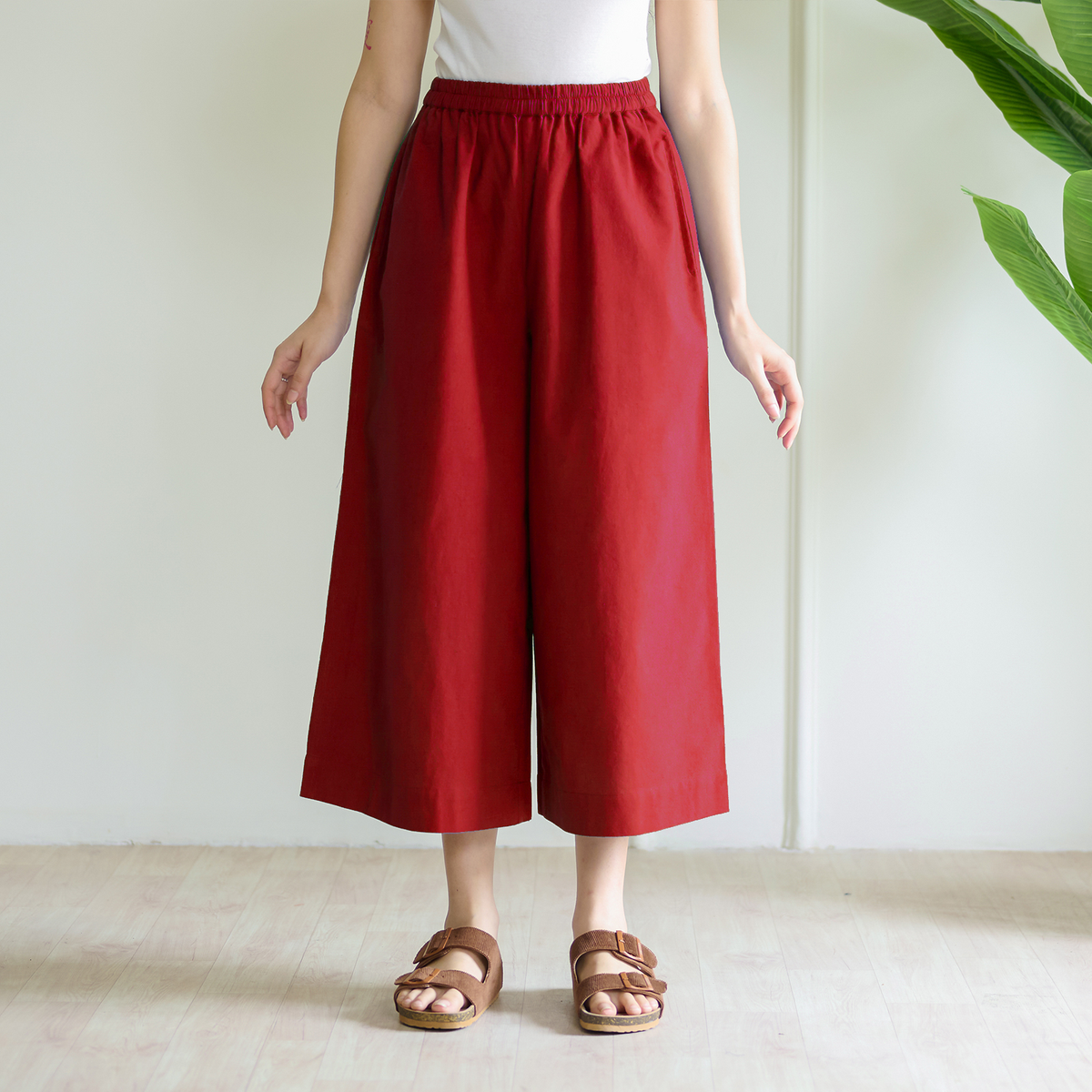 High Waist Elasticated Cotton Culottes - Red
