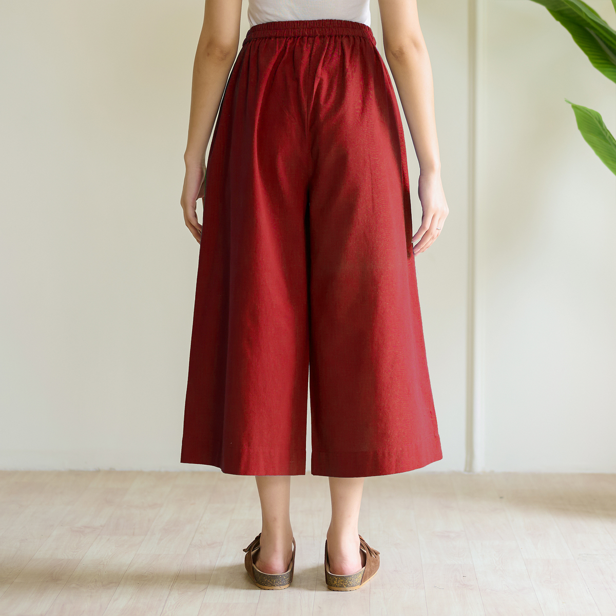 High Waist Elasticated Cotton Culottes - Red