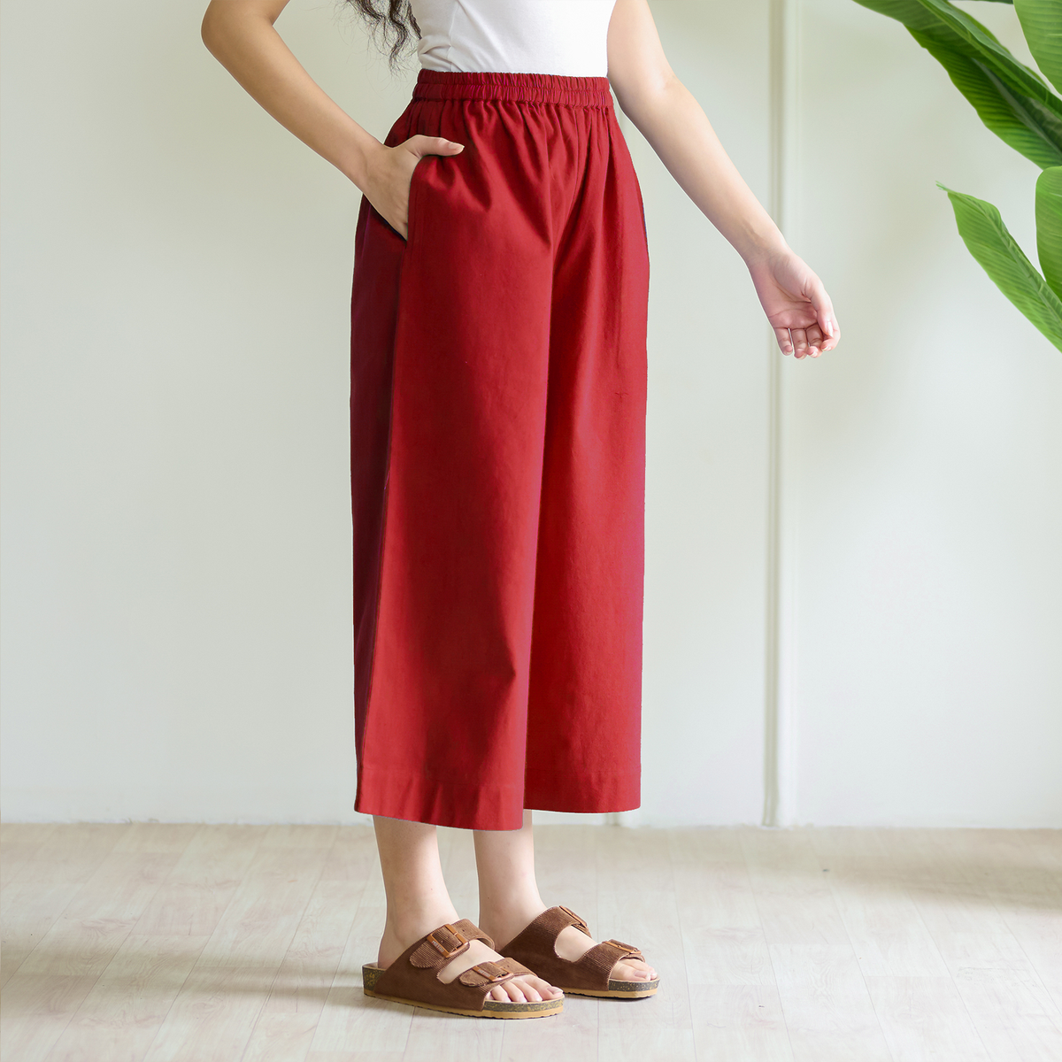 High Waist Elasticated Cotton Culottes - Red