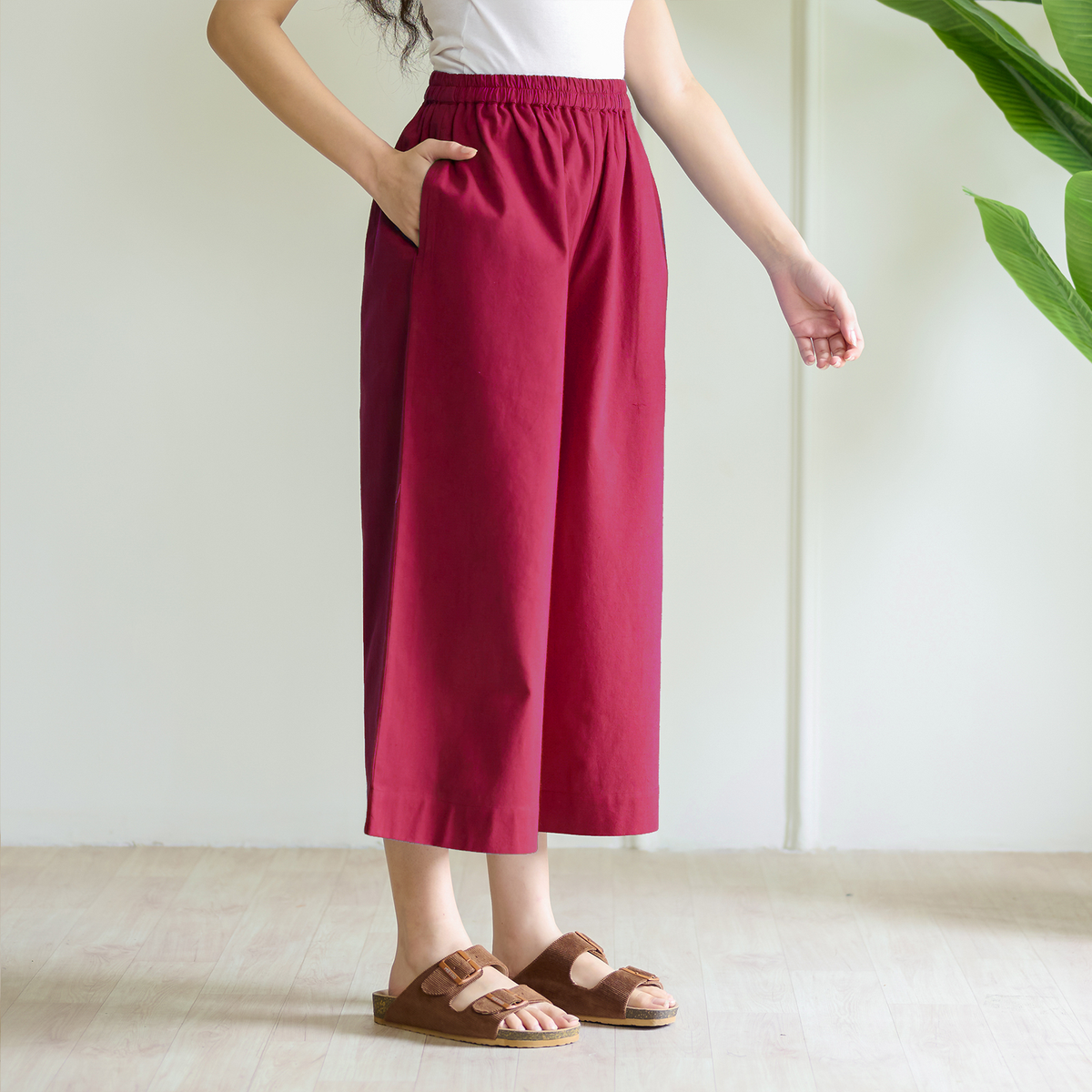 High Waist Elasticated Cotton Culottes - Fuschia