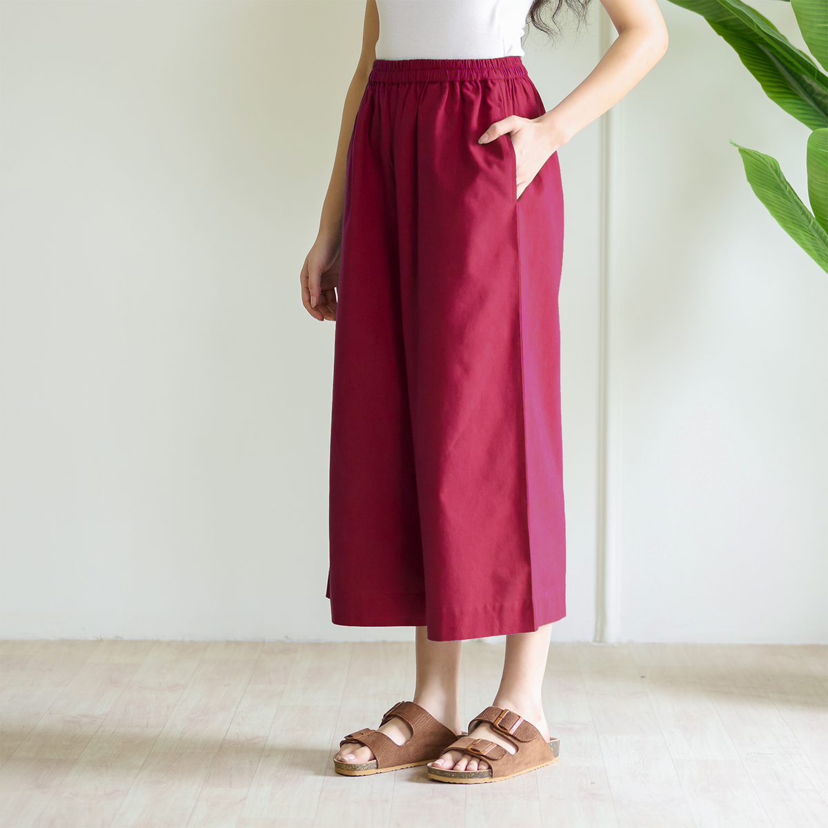 High Waist Elasticated Cotton Culottes - Fuschia