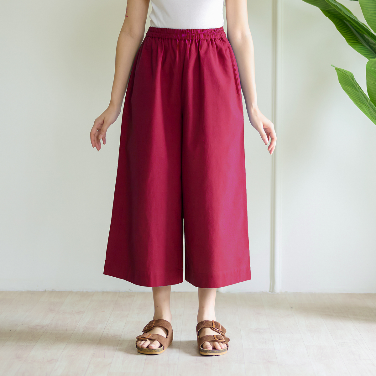 High Waist Elasticated Cotton Culottes - Fuschia