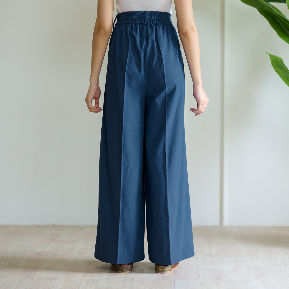 High Waist Pleated Cotton Trousers - Teal Blue