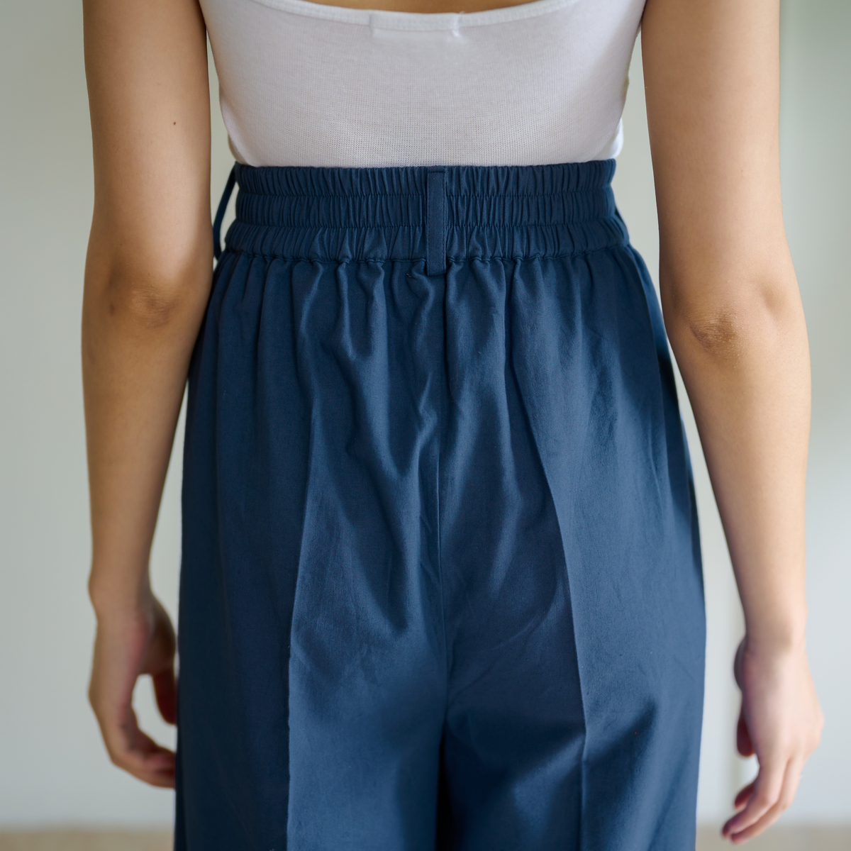 High Waist Pleated Cotton Trousers - Teal Blue