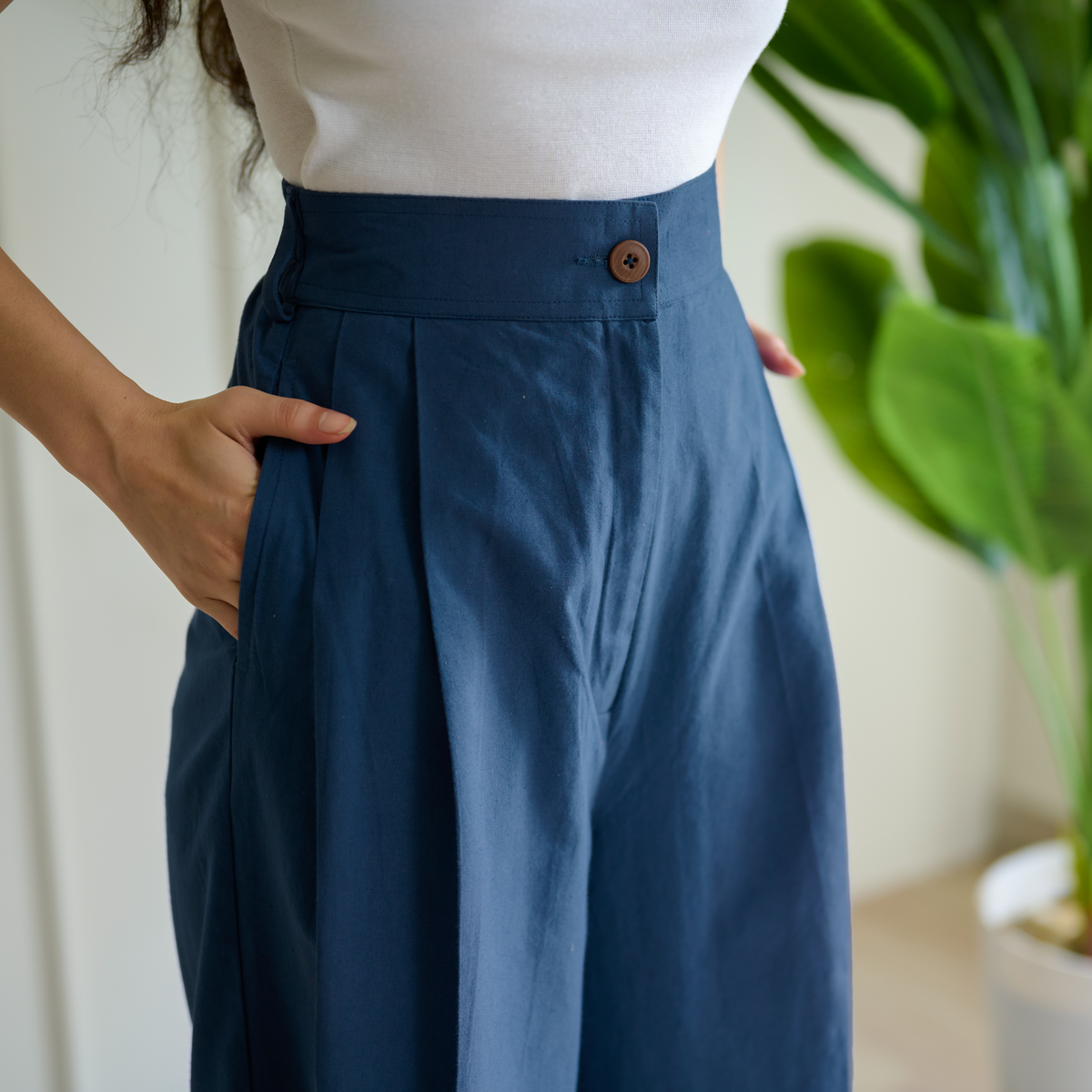 High Waist Pleated Cotton Trousers - Teal Blue
